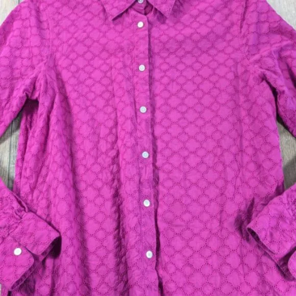 Talbots Top Womens Small Fuchsia Eyelet Button Up Long Sleeve Cotton Breathable - Picture 2 of 9